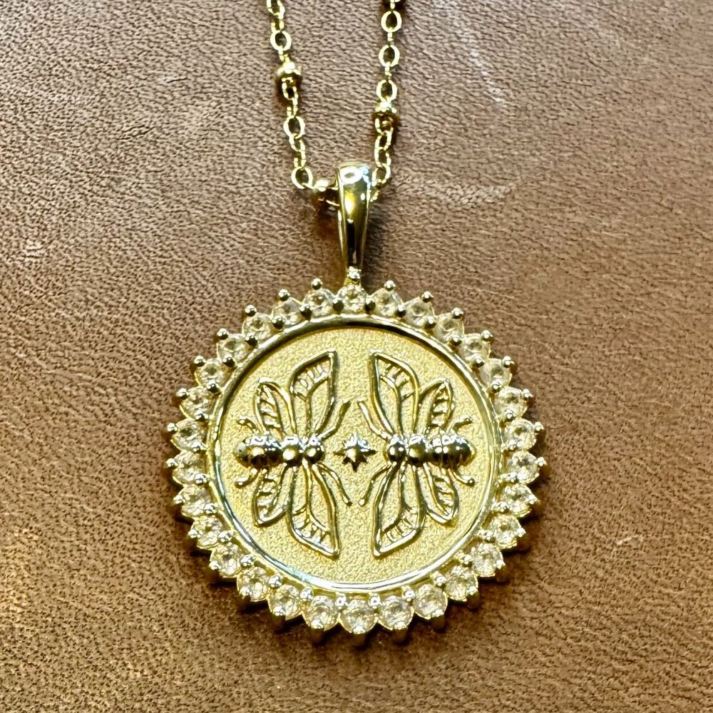 Jane Win - LIKE NEW, SISTERS Forever 14K, White Topaz Coin Pendant & Chain